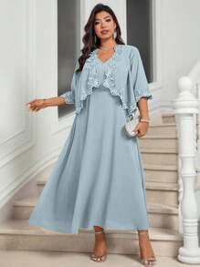 Cravure Bộ 2 chiếc/Bộ váy liền thân cổ chữ V màu trơn cỡ lớn cho nữ và áo khoác cardigan choàng - Màu xanh nhạt - Xem 8