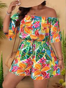 SHEIN Holidaya Mono casual con estampado hombros descubiertos para mujer talla grande