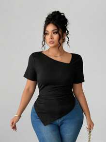 Elenzga Plus Size Women Short Sleeve Asymmetrical Collar Design T-Shirt, Fashionable High-End Versatile Casual Slim-Fit Top Suitable For Spring/Summer - Black - View 5