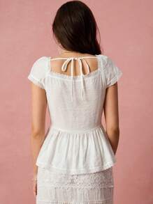 Enchnt Spring/Summer Romantic Women's White Contrast Lace Front Tie Short Sleeve Fashionable Top, Casual & Comfortable For Birthday & Holiday Party & Sweet Date & Daily Commuting & Vacation & Wedding Season Essential,Summer Versatile,Concert Women - White - View 7