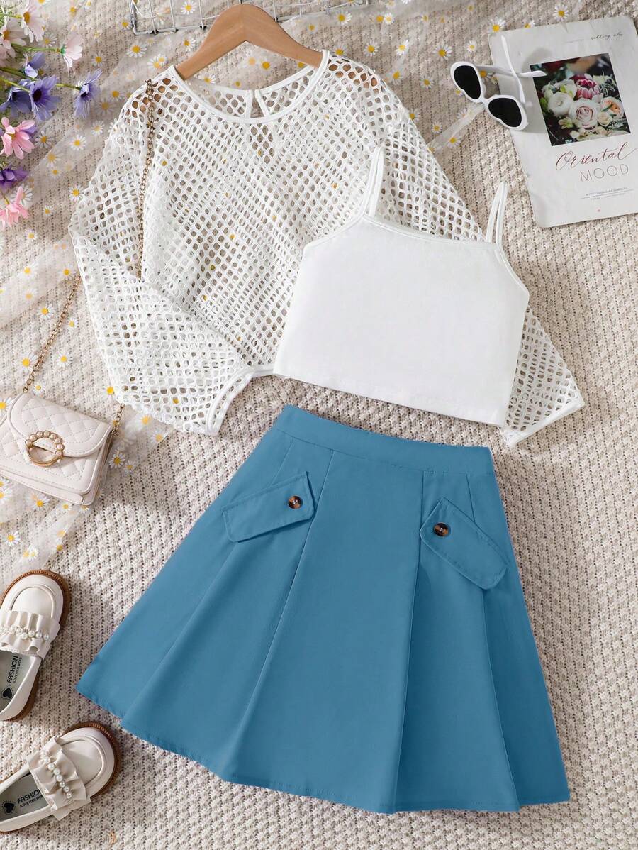SHEIN 3 pièces/Set Ensemble top court et camisole en résille et jupe plissée pour jeunes filles - Bleu azur - Voir 1