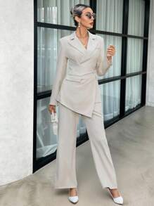 SHEIN Clasi Lapel Neck Asymmetrical Hem Blazer & Pants - Apricot - View 9