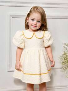 Souflis Souflis 女宝宝韩版可爱提花编织翻领泡泡袖连衣裙，夏季 - 粉色 - 查看 1