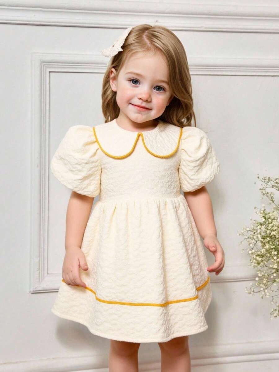 Souflis Souflis 女宝宝韩版可爱提花编织翻领泡泡袖连衣裙，夏季 - 粉色 - 查看 1