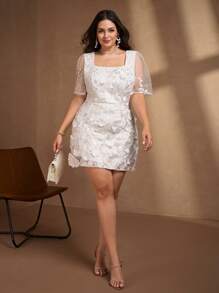 Chikora Váy cưới mùa hè thời trang cho mẹ cô dâu, mùa hè, cổ vuông, lưới vá, cỡ lớn, thắt eo - trắng - Xem 4