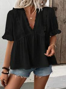 Calvaya 大码女式V领荷叶边宽松泡泡袖衬衫 - 黑色 - 查看 6