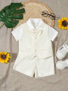 3 件套男婴正式绅士装，蝴蝶结短袖衬衫 + 单排扣背心 + 休闲短裤套装，适合婚礼、表演、派对、生日、圣诞节和毕业典礼，儿童/幼儿/男婴婚礼装 - 彩色 - 查看 2