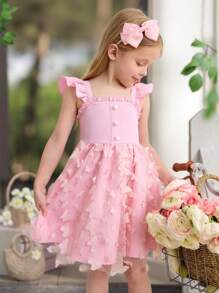 SHEIN Young Girl Fusion Casual Minimalist Comfortable Square Neck Ruffle Cap Sleeve Back Butterfly Decor Dress