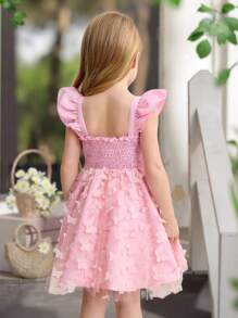 SHEIN Young Girl Fusion Casual Minimalist Comfortable Square Neck Ruffle Cap Sleeve Back Butterfly Decor Dress