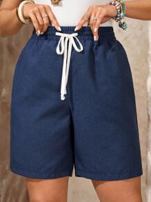 EMERY ROSE Plus Size Navy Elastic Drawstring Dual Pocket Casual Vacation Shorts, Suitable For Spring/Summer Country Concert - Navy Blue - View 4