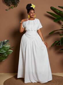 Maweii Plus Size Elegant Ruffle Neck Short Sleeve Party & Holiday Dress - White - View 2