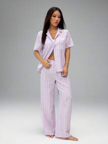 SHEIN PETITE Women's Two-Piece Button-Front Shirt And Pleated Trousers Pajama Set