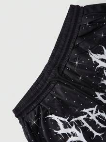 ROMWE MEN Goth 男士街头时尚二合一短裤，水钻英文字母图形印花设计，带有哥特式元素，万圣节