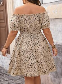 SHEIN VCAY Váy hở vai màu đen phong cách Boho Romantic Holiday cỡ lớn có họa tiết hoa nhỏ xinh, dành cho mùa hè - Màu Khaki - Xem 2