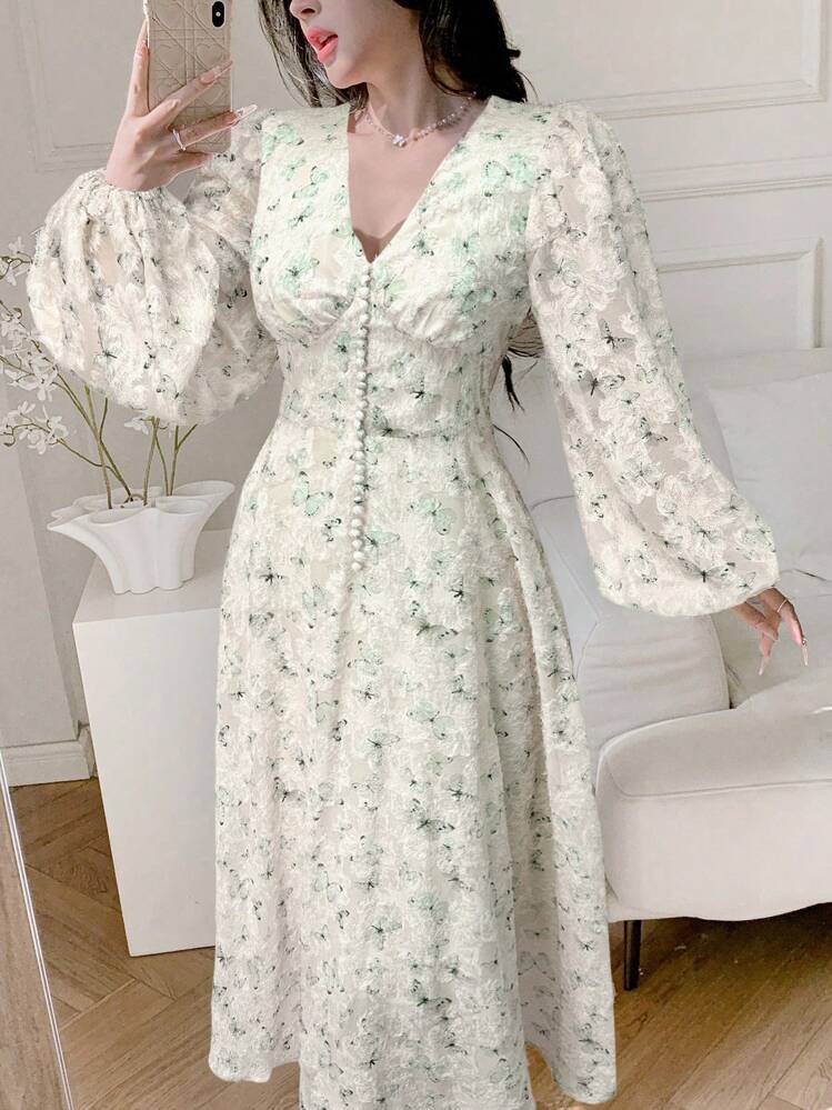 Modelyn Women's Spring/Summer Full Print Butterfly Jacquard V-Neck Lantern Sleeve Gathered Waist Long Dress - Mint Green - View 5