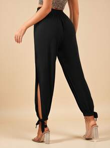 SHEIN PETITE CURVE Pantalones sólidos con abertura lateral y nudo en el dobladillo, ropa de primavera y verano para tallas grandes - Negro - Ver 2