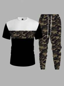 Manfinity Homme Men's Casual Fashion Colorblock Camo Print T-Shirt And Tapered Pants Sports Suit, Summer