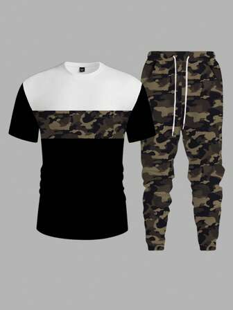 Manfinity Homme Costume de sport d'été comprenant un t-shirt mode décontractée avec imprimé camouflage bicolore et un pantalon effet fuselé pour hommes