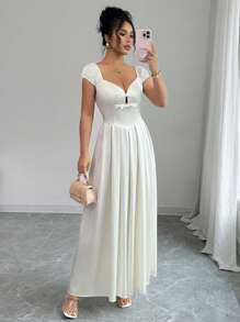 Elenzga Vestido largo elegante para invitadas a bodas o fiestas, de estilo francés romántico y alta gama, de satén, con cuello con lazo, cintura entallada y falda plisada en línea A, para primavera/verano - Albaricoque - Ver 1