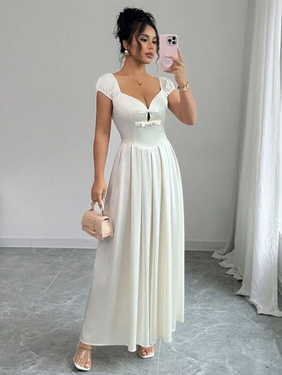Elenzga Vestido largo elegante para invitadas a bodas o fiestas, de estilo francés romántico y alta gama, de satén, con cuello con lazo, cintura entallada y falda plisada en línea A, para primavera/verano - Albaricoque - Ver 1