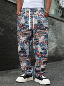 Manfinity Hypemode 男士不对称设计提花图案抽绳直筒裤，秋季