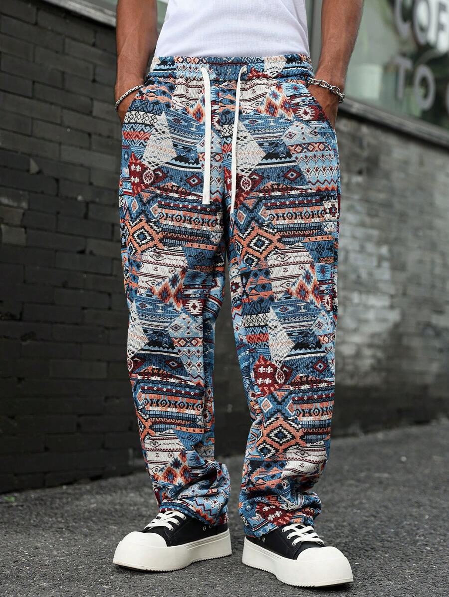 Manfinity Hypemode 男士不对称设计提花图案抽绳直筒裤，秋季