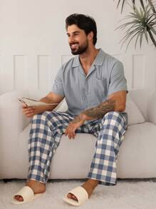 DAZY Spring Solid Color Shirt Matched With Textured Plaid Pants Men's Loungewear Set Pajama - Multicolor - View 1