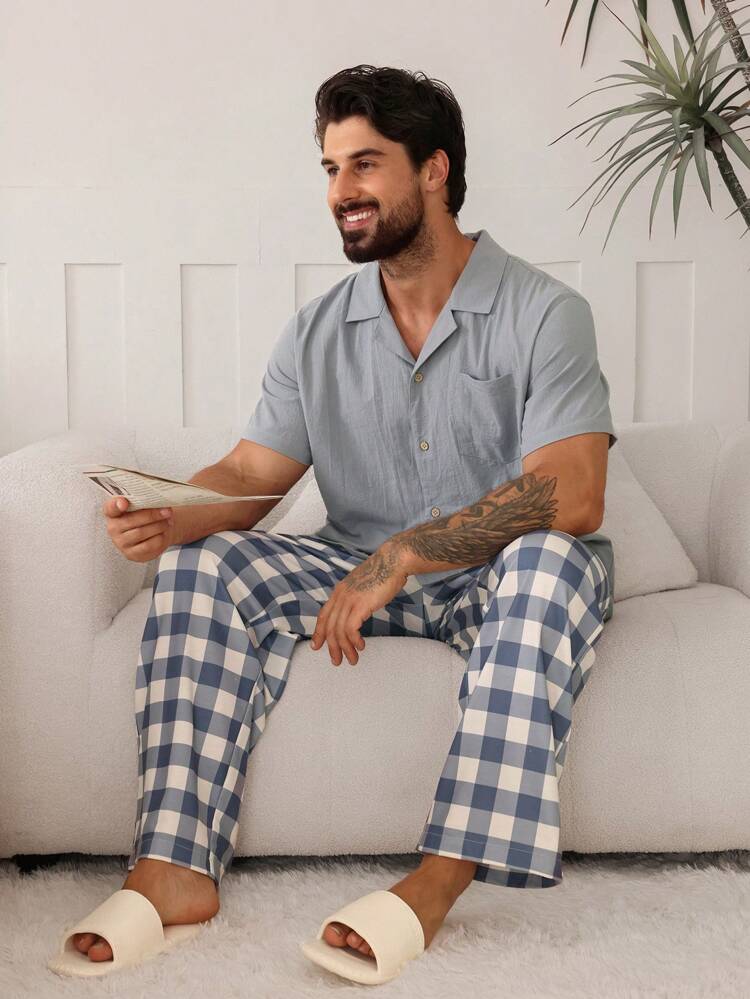 Spring Solid Color Shirt Matched With Textured Plaid Pants Men's Loungewear Set Pajama