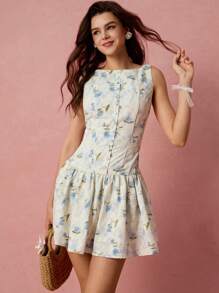 Enchnt Vestido mini de mujer con estampado floral elegante y romántico, sin mangas y con botones