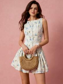 Enchnt Vestido mini de mujer con estampado floral elegante y romántico, sin mangas y con botones