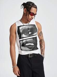 AXEPEAK Men's Casual Mouth & Glasses Graphic Tank Top, Streetwear Style For Summer