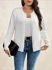 SHEIN Clasi Plus Size Pearls Beaded Cardigan, For Winter Fall - White - View 1