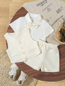 3 件套男婴正式绅士装，蝴蝶结短袖衬衫 + 单排扣背心 + 休闲短裤套装，适合婚礼、表演、派对、生日、圣诞节和毕业典礼，儿童/幼儿/男婴婚礼装 - 彩色 - 查看 4