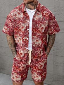 Manfinity Homme Conjunto de camiseta de manga corta y pantalones cortos con estampado aleatorio para hombre