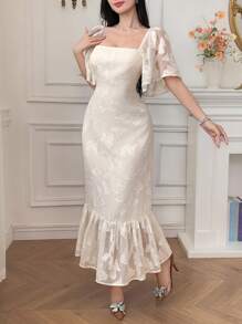 DAZY 女士优雅花卉印花荷叶边领袖中长连衣裙 - 白色 - 查看 4