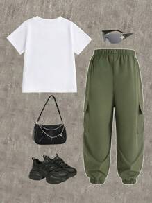 SHEIN مجموعتين من قميص كاجوال بأكمام قصيرة ذو رقبة دائرية وبنطلون كاجوال للفتاة الصغيرة ، مناسب للصيف - أخضر عسكري - مشاهدة 2