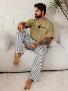 DAZY Summer Cat & Letter Print Colorful T-Shirt With Men's Pajama Set - Multicolor - View 1