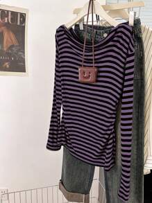 INAWLY Striped Off-Shoulder Long Sleeve T-Shirt, Asymmetrical Fitted Slim Fit Undershirt Fall Cloth For Women - Red Violet - View 5