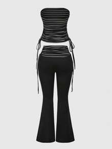 ROMWE 2pcs/Set Women Sexy Letter Rhinestone Leopard Print Strapless Drawstring Crop Top And Pants Set