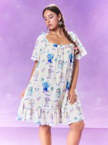 Pop Mart Azura X SHEIN 大码卡通图案方领短袖睡袍 - 杏色 - 查看 6