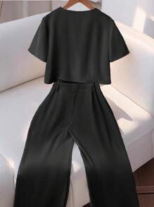 Franclia 2pcs Set Women High-End Round Neck Short Sleeve Shirt And Casual Pants