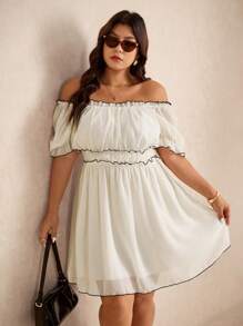 Elaquor Vestido de verano de talla grande con cuello redondo, detalle en contraste, volantes, mangas abullonadas y cintura ceñida