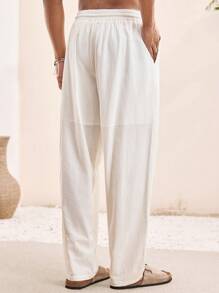 Manfinity VCAY Retro Linen Casual Pants For Men, Solid Color Versatile With Drawstring, Suitable For Summer Men White Linen Pants White Baggy Pants Loose Pants Boho Pants Men White Linen Drawstring Pants