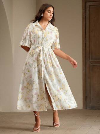 Anewsta Elegantes A-Linien Kleid in Große Größen mit Blume Muster und V-Ausschnitt, für Frühling & Sommer