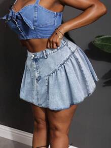 Slaydiva Minifalda vaquera de talla grande, azul línea A suelta y sexy