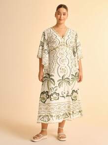 CAJUNI 波西米亚风热带花卉、龟背竹叶、椰子树、菠萝印花深 V 领荷叶边袖长裙、休闲度假大码连衣裙 - 彩色 - 查看 5