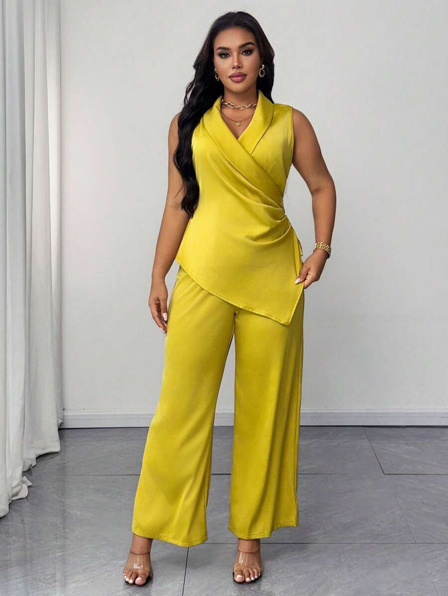 SHEIN Unity Plus Size Silky Satin Elegant Sleeveless Top And Long Pants Set - Green - View 1