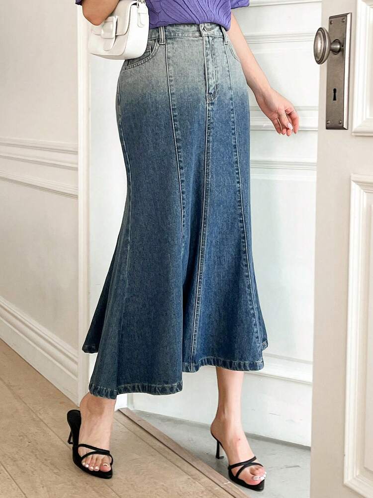 Women Ombre Color Fishtail Skirt, Elegant Casual Denim Skirt Jeans Skirt