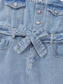 Tween 女童休闲简约百搭街头时尚蝴蝶结腰带修身浅蓝色水洗柔软牛仔吊带连体裤连衣裙，2025 春夏新品，适合日常穿着、休闲场合、派对