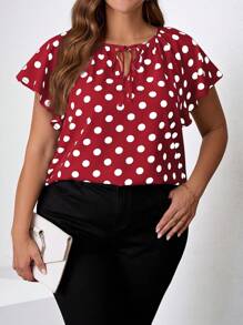SHEIN Clasi Camicia casual estiva a maniche corte con laccetti davanti a pois, taglie forti - Rosso - Visualizzare 5
